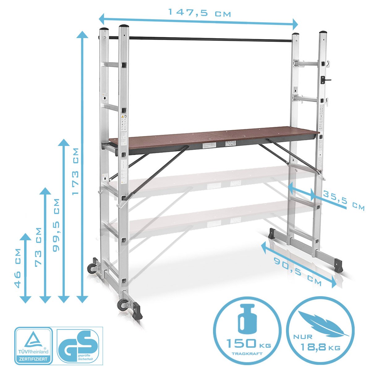 STAHLWERK Leitergerüst LG-270 ST 150 kg Tragkraft, 3 in 1 Mehrzweckleiter / Aluminium Klappleiter / Arbeitsgerüst / Arbeitsplattform / Gerüst mit rutschfesten Sprossen inklusive 7 Jahre Hersteller-Garantie