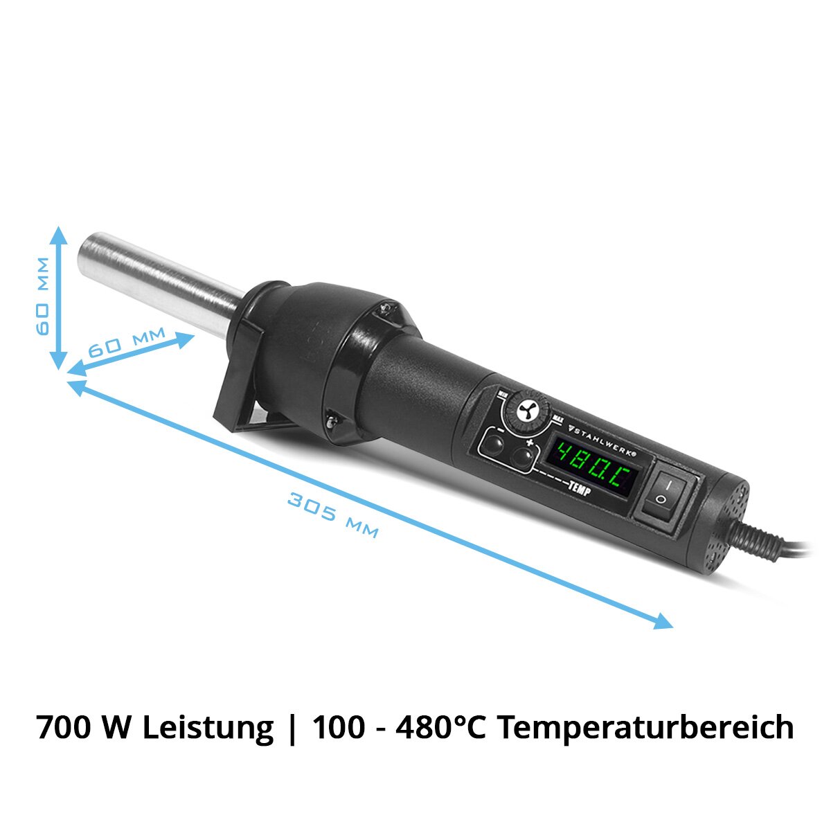 Station de soudage STAHLWERK, souffleuse à air chaud HLG-480 ST avec dispositif de soudage 700 W et 100 - 480°C | Fer à souder | Pistolet à souder | Pistolet à air chaud pour les travaux à air chaud, de soudure, de reprise et de dessoudage