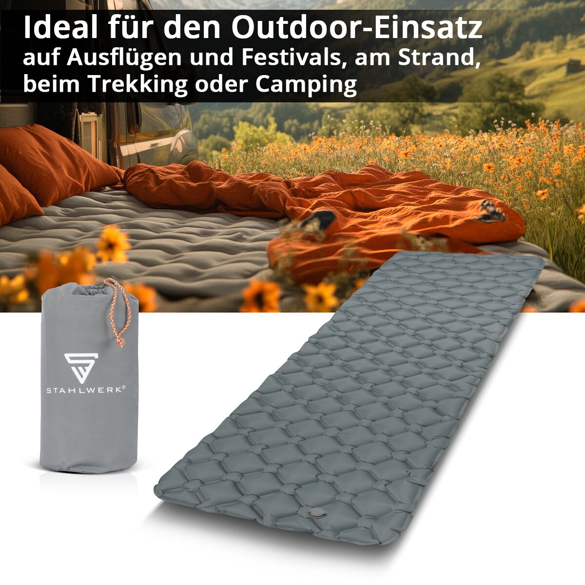 Matelas pneumatique STAHLWERK LM-70 ST Lit pneumatique gonflable 200 x 70 cm | Matelas de camping | tapis de couchage | Tapis de couchage | Matelas de voyage avec sac de transport pour le camping et l'extérieur