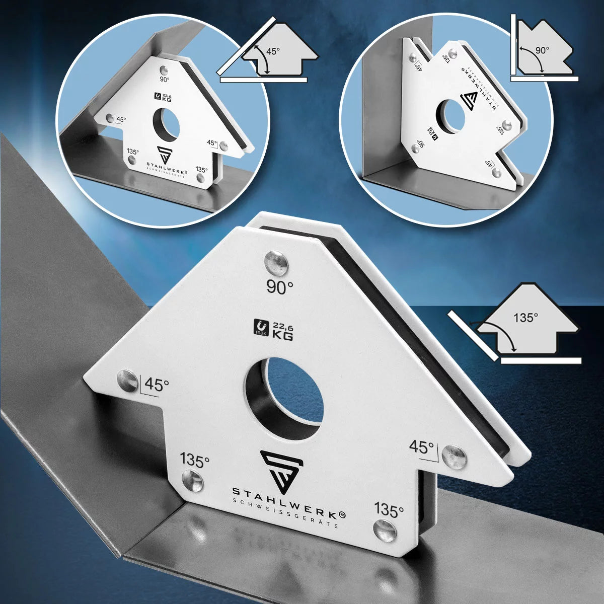 STAHLWERK 2 × Magnet-Schweißwinkel Magnetwinkel Schweißmagnet 45° x 90° x 135°, 22,6 kg / 50 lbs