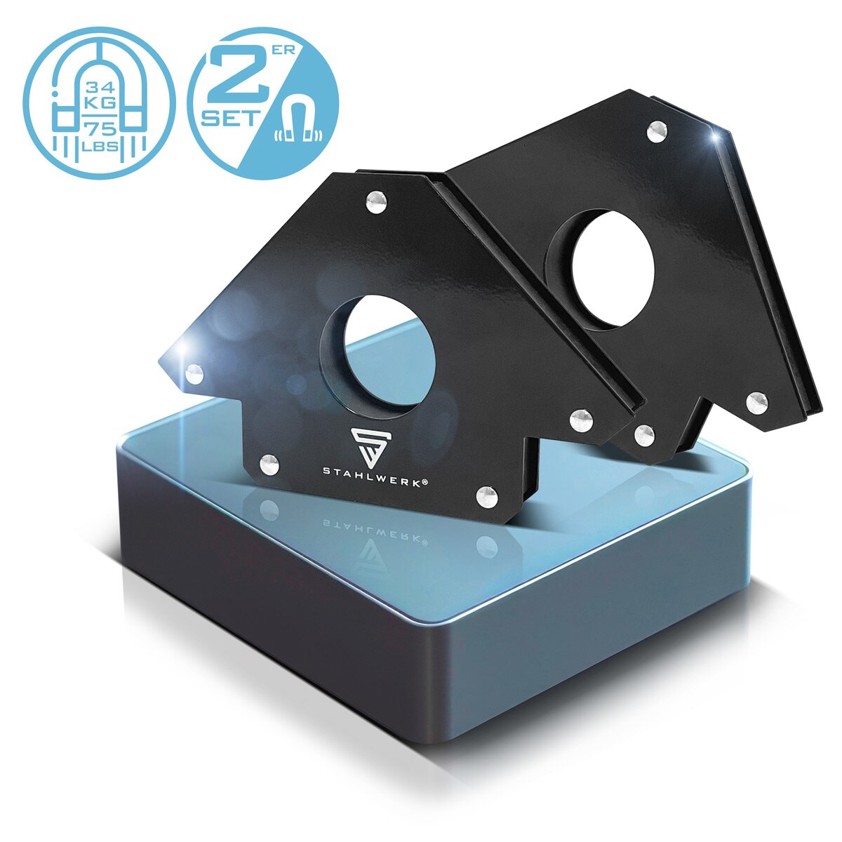 STAHLWERK 2er Set Magnet-Schweißwinkel 34 kg | 75 lbs praktischer Schweißmagnet | Magnetwinkel | Schweißpositionierer mit starker Haftkraft