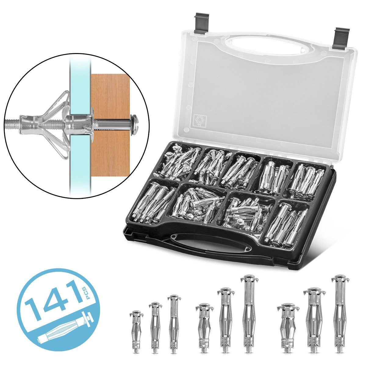 STAHLWERK metal cavity dowels 141-piece set M4 x 32 | M4x38 | M4x46 | M5x37 | M5x52 | M5x65 | M6x37 | M6x52 | M6 x 65 metal dowels with pre-assembled screws for drywall work