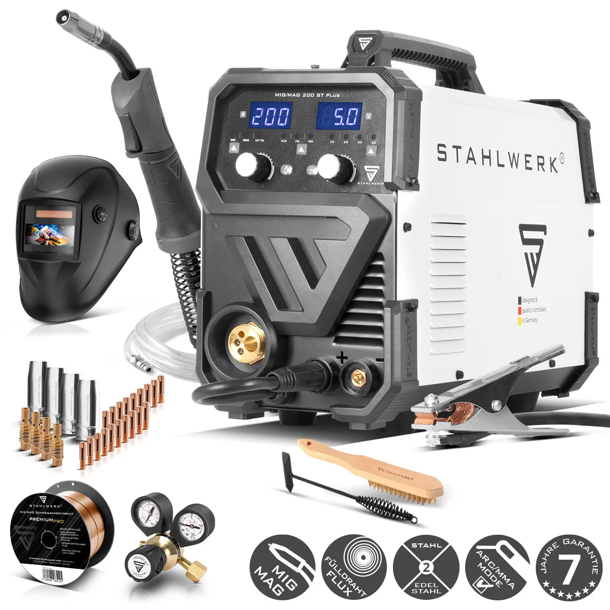 STAHLWERK welding machine MIG MAG 200 ST PLUS full equipment inert gas welding machine | IGBT inverter with 200 A, synergic wire feed, FLUX, Lift-TIG and MMA | ARC function