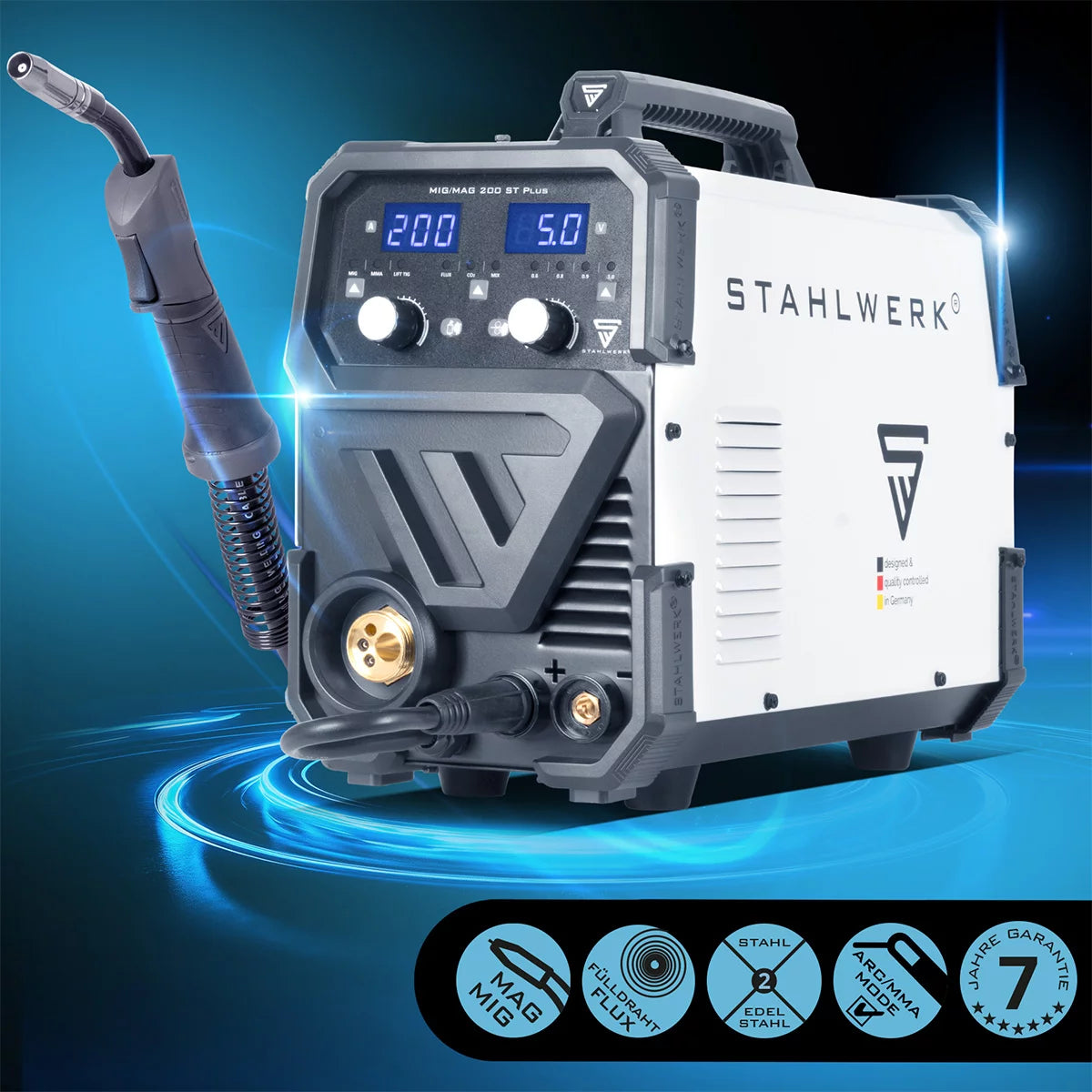 STAHLWERK welding machine MIG MAG 200 ST PLUS inert gas welding machine | IGBT inverter with 200 A, synergic wire feed, FLUX, Lift-TIG and MMA | ARC function