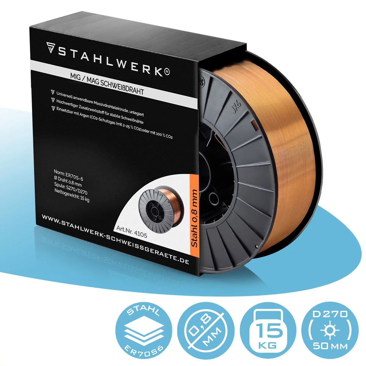STAHLWERK MIG MAG Premium Schweißdraht / Drahtrolle ER70S-6 SG2 0,8 mm S270/D270 15 kg für Schweißarbeiten mit Schutzgas