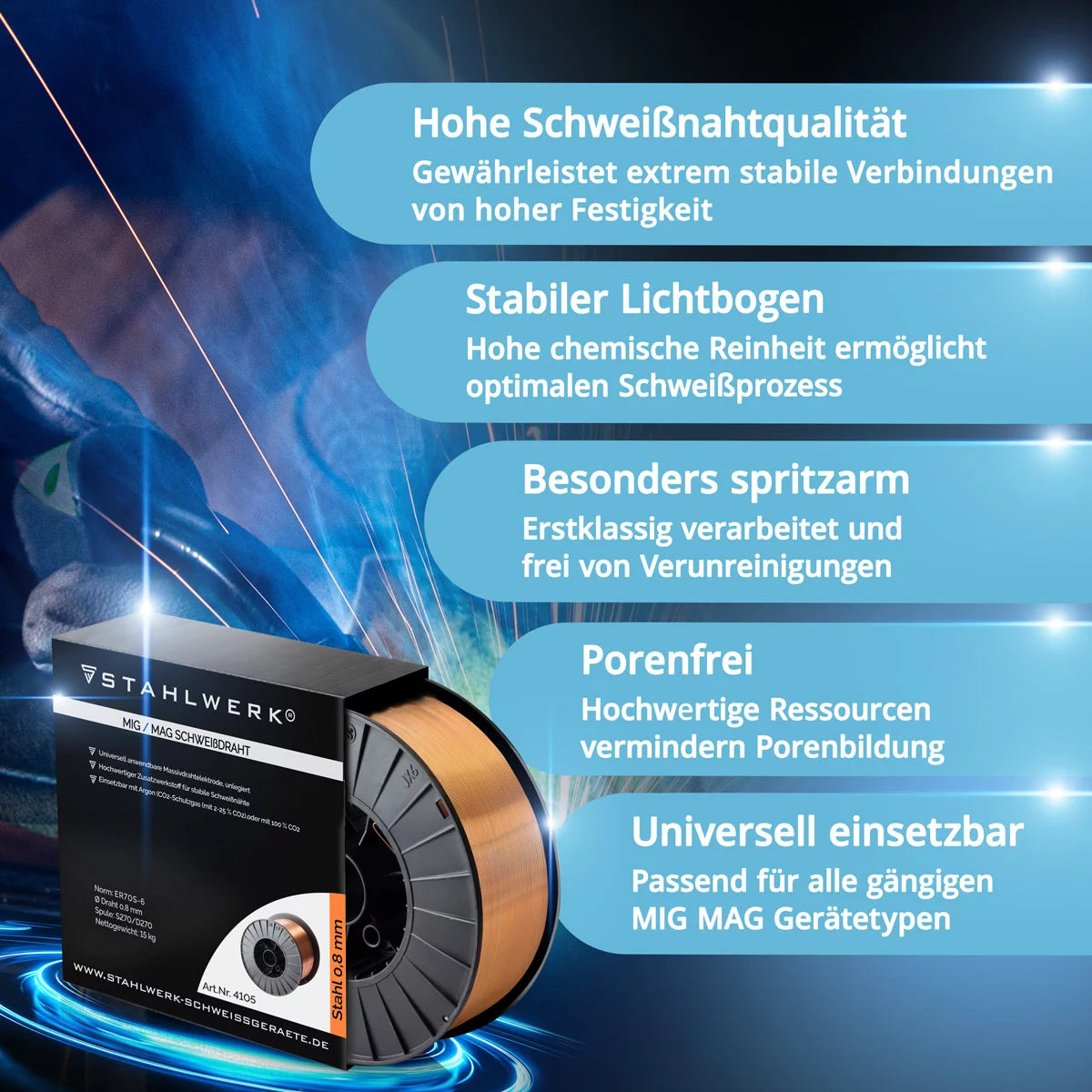STAHLWERK MIG MAG Premium Schweißdraht / Drahtrolle ER70S-6 SG2 0,8 mm S270/D270 15 kg für Schweißarbeiten mit Schutzgas
