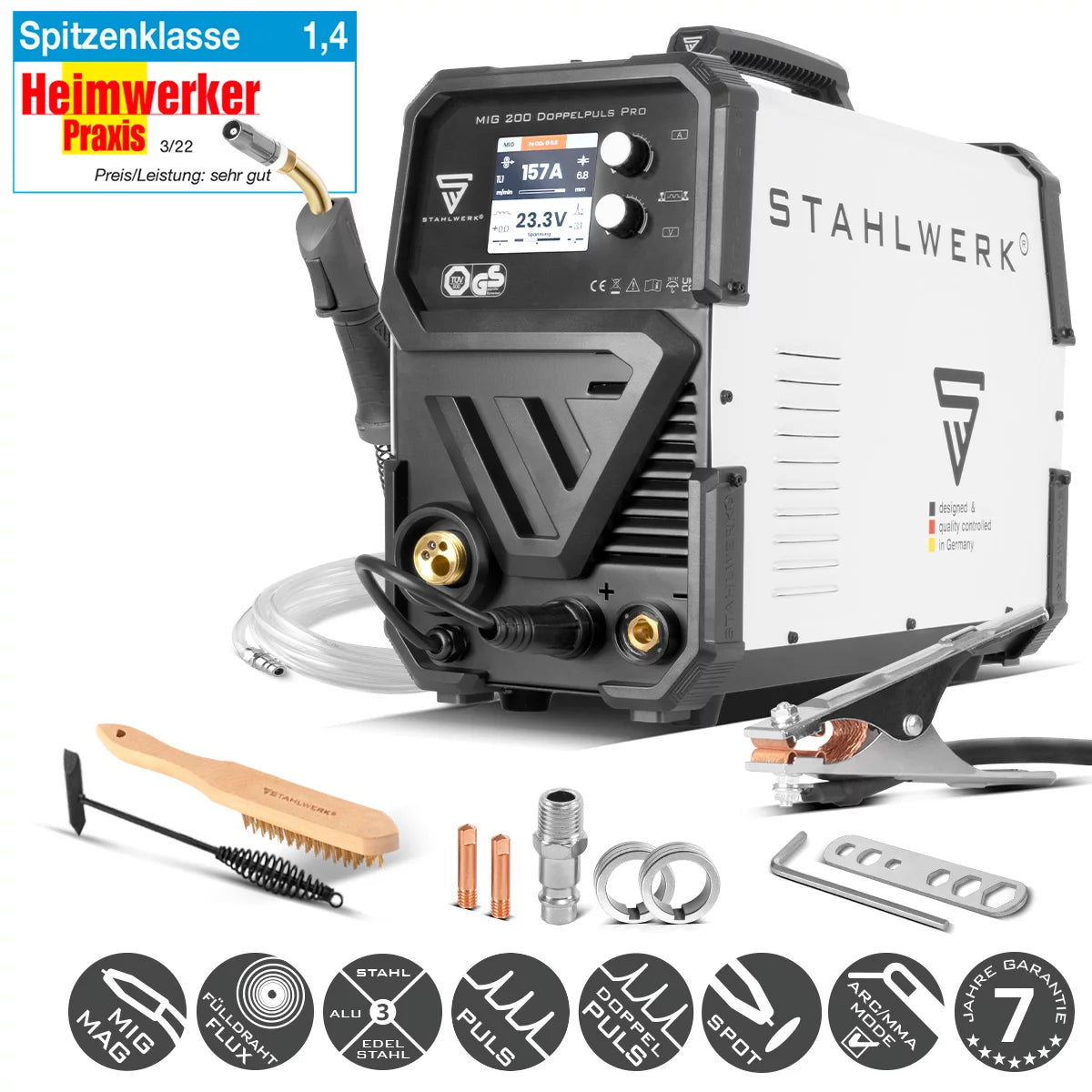 Saldatrice STAHLWERK MIG MAG 200 double pulsate Pro completamente sinergica con 200 A e torcia di saldatura AK25/MB25, acciaio, acciaio inossidabile, alluminio, filo animato
