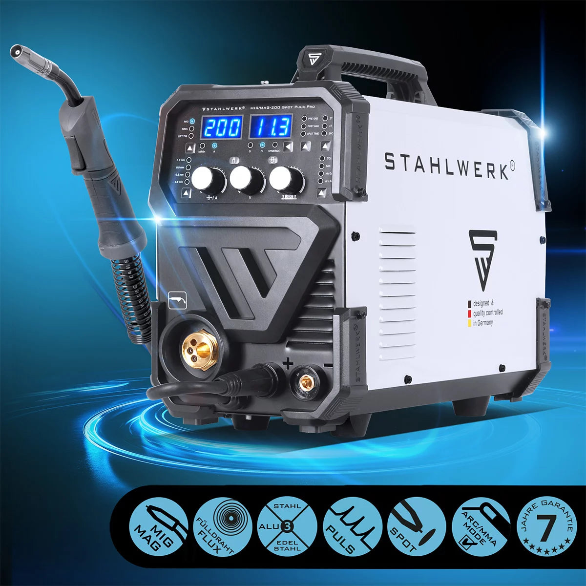 STAHLWERK welding machine MIG MAG 200 Spot Puls Pro, fully synergic IGBT inverter, 5 in 1 combination device with spot function and 200 amps, aluminum | cored wire | MIG MAG | ARC MMA | Lift TIG | pulse