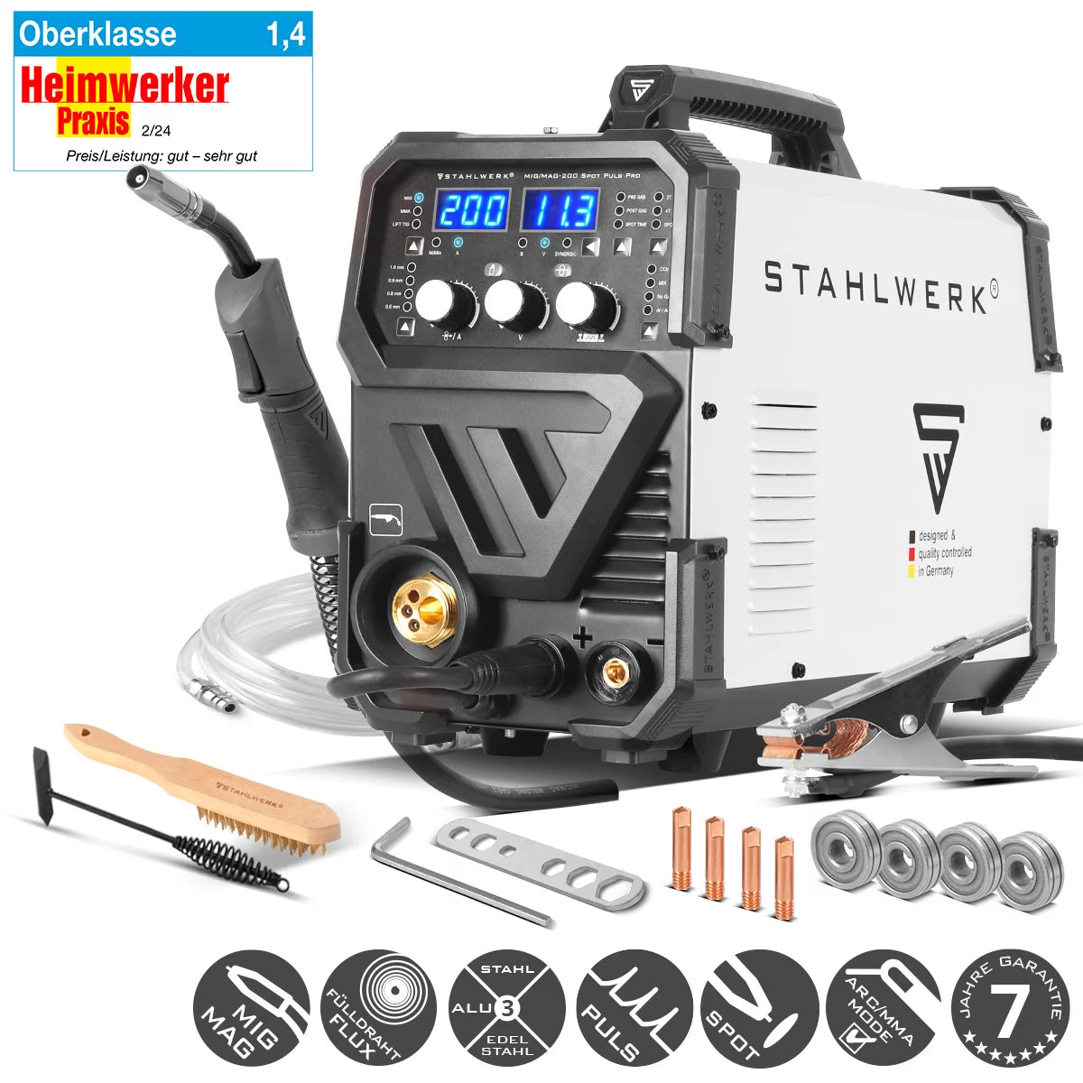 STAHLWERK welding machine MIG MAG 200 Spot Puls Pro, fully synergic IGBT inverter, 5 in 1 combination device with spot function and 200 amps, aluminum | cored wire | MIG MAG | ARC MMA | Lift TIG | pulse