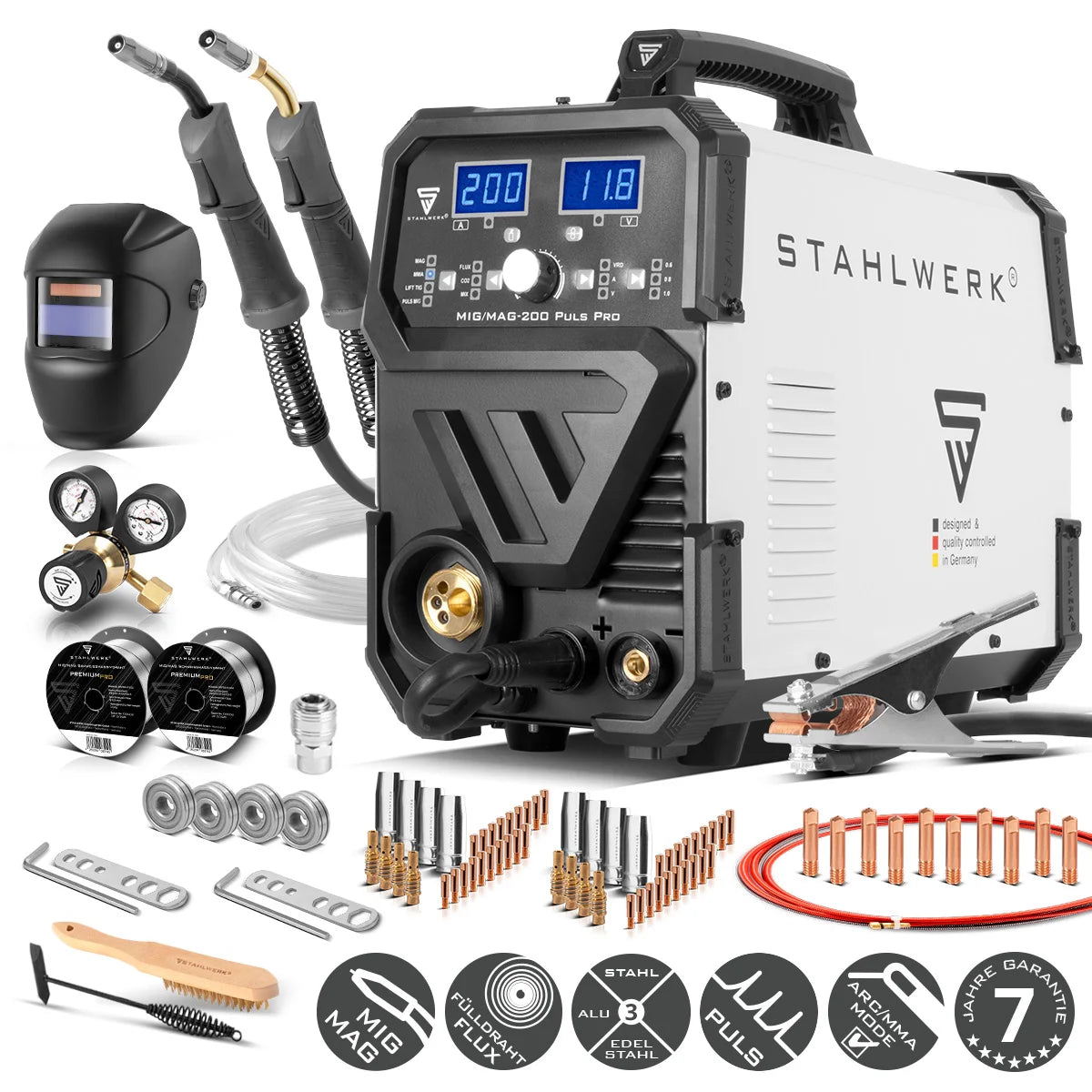 STAHLWERK MIG MAG 200 Puls Pro inert gas welding machine fully equipped, fully synergic 5 in 1 combination device with real 200 amp AK25/MB25 aluminum wearing parts set for aluminum welding