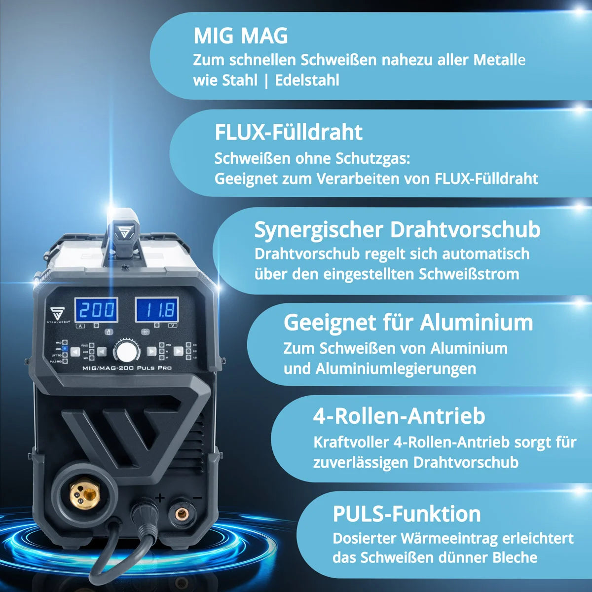 STAHLWERK MIG MAG 200 Puls Pro inert gas welding machine fully equipped, fully synergic 5 in 1 combination device with real 200 amp AK25/MB25 aluminum wearing parts set for aluminum welding