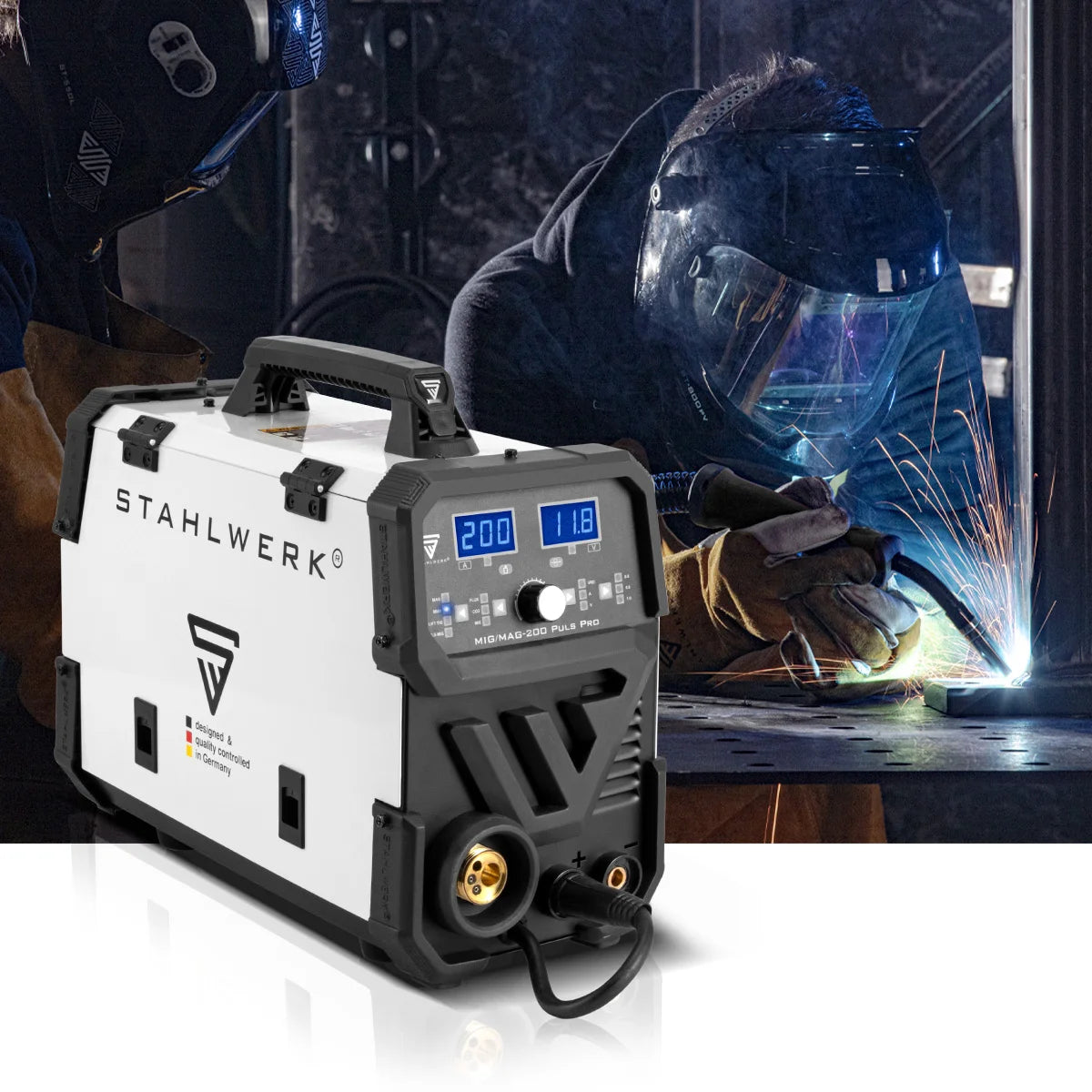 STAHLWERK MIG MAG 200 Puls Pro inert gas welding machine fully equipped, fully synergic 5 in 1 combination device with real 200 amp AK25/MB25 aluminum wearing parts set for aluminum welding