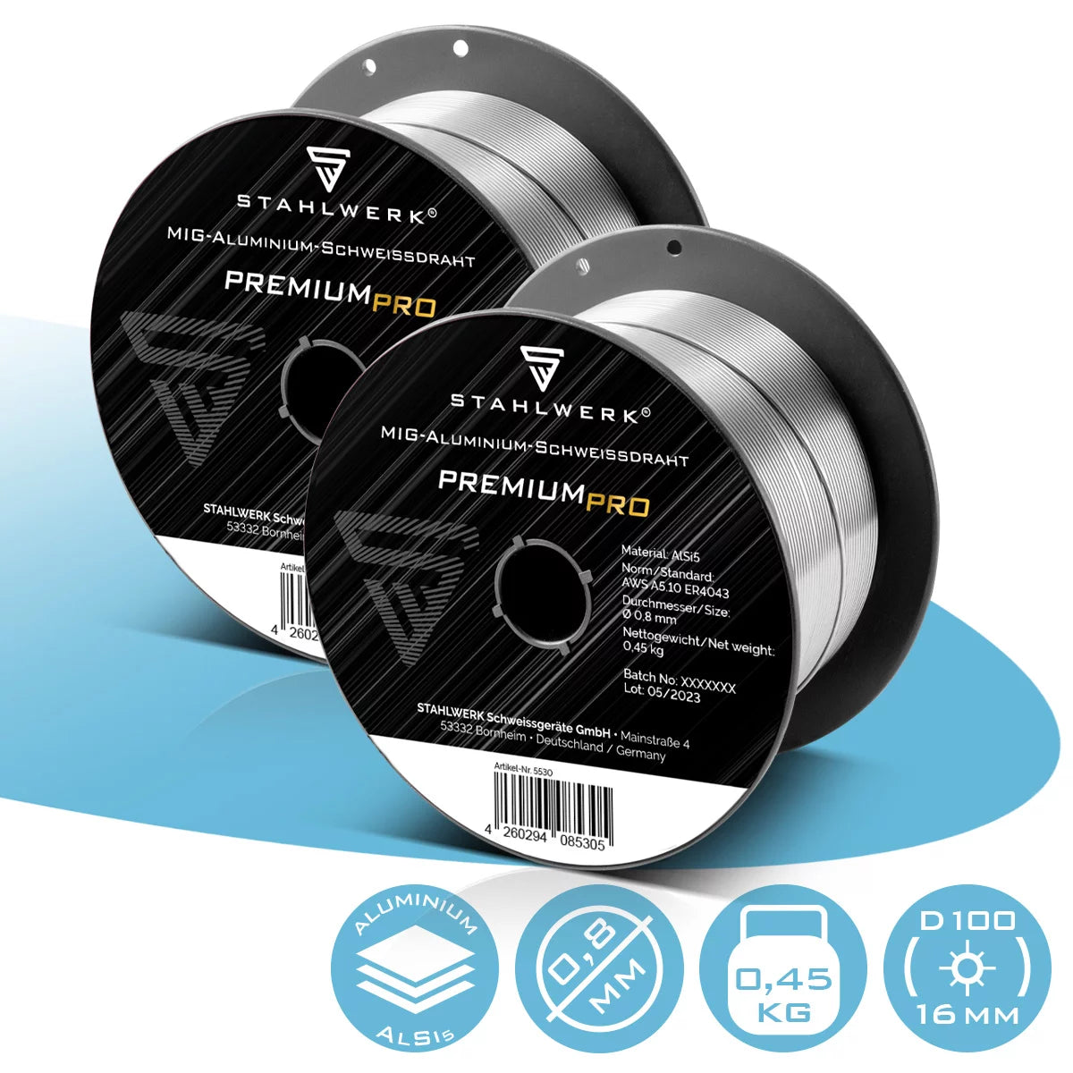 STAHLWERK MIG MAG Aluminium Schweißdraht ER4043 Si5 (ALSI-5) Ø 0,8 mm 0,45 kg Drahtrolle im 2er Set