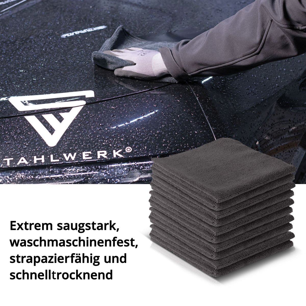 STAHLWERK set di 10 asciugamani in microfibra 40 x 40 cm 300 g/m² asciugamani asciutti | Panno per la pulizia | Panno per lucidare | panno per la pulizia | Panno per la cura | Panno in microfibra | nero