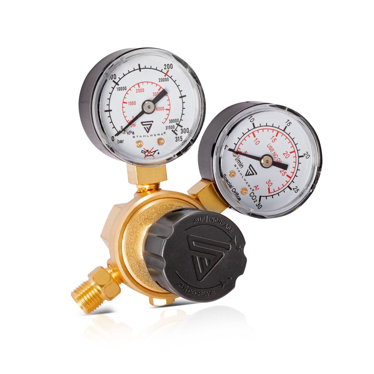 Réducteur de pression STAHLWERK ST-215 selon la norme DIN EN ISO 2503 régulateur de pression jusqu'à 200 bar en laiton de haute qualité pour argon | CO2 | Mélanger 18 | Gaz mixte | Gaz protecteur pour postes à souder TIG et MIG MAG