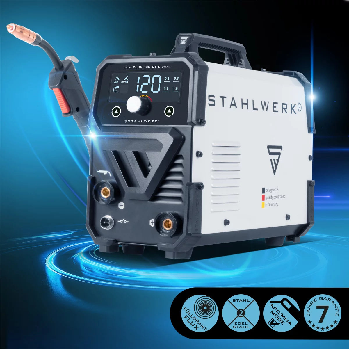 STAHLWERK Schweißgerät Mini FLUX 120 ST Digital mit 120 A Vollausstattung, synergischem Drahtvorschub, Lift-TIG und ARC/MMA Funktion zum Schweißen ohne Schutzgas
