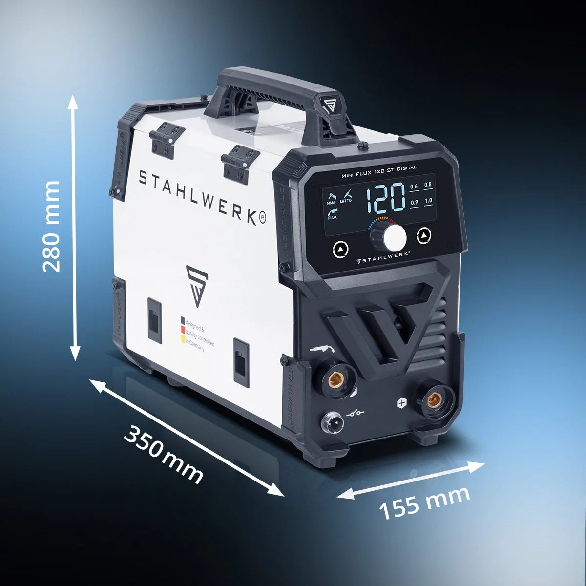 STAHLWERK Schweißgerät Mini FLUX 120 ST Digital mit 120 A Vollausstattung, synergischem Drahtvorschub, Lift-TIG und ARC/MMA Funktion zum Schweißen ohne Schutzgas