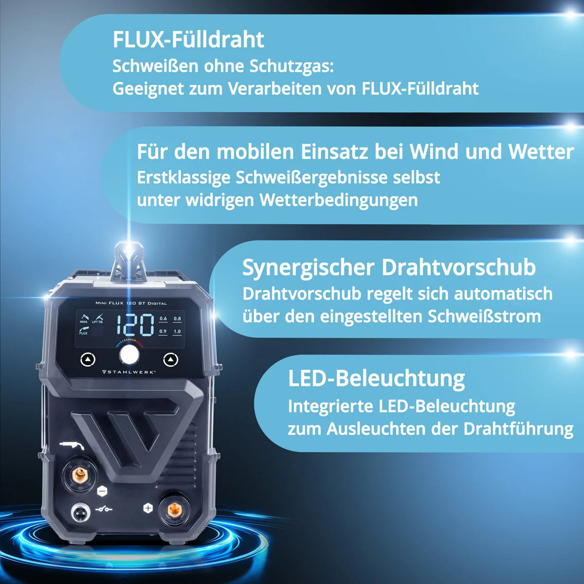 STAHLWERK welding machine Mini FLUX 120 ST Digital | 120 amps | Synergic wire feeder | Lift-TIG suitable | Cored wire welding | ARC/MMA function for easy welding without shielding gas with cored wire