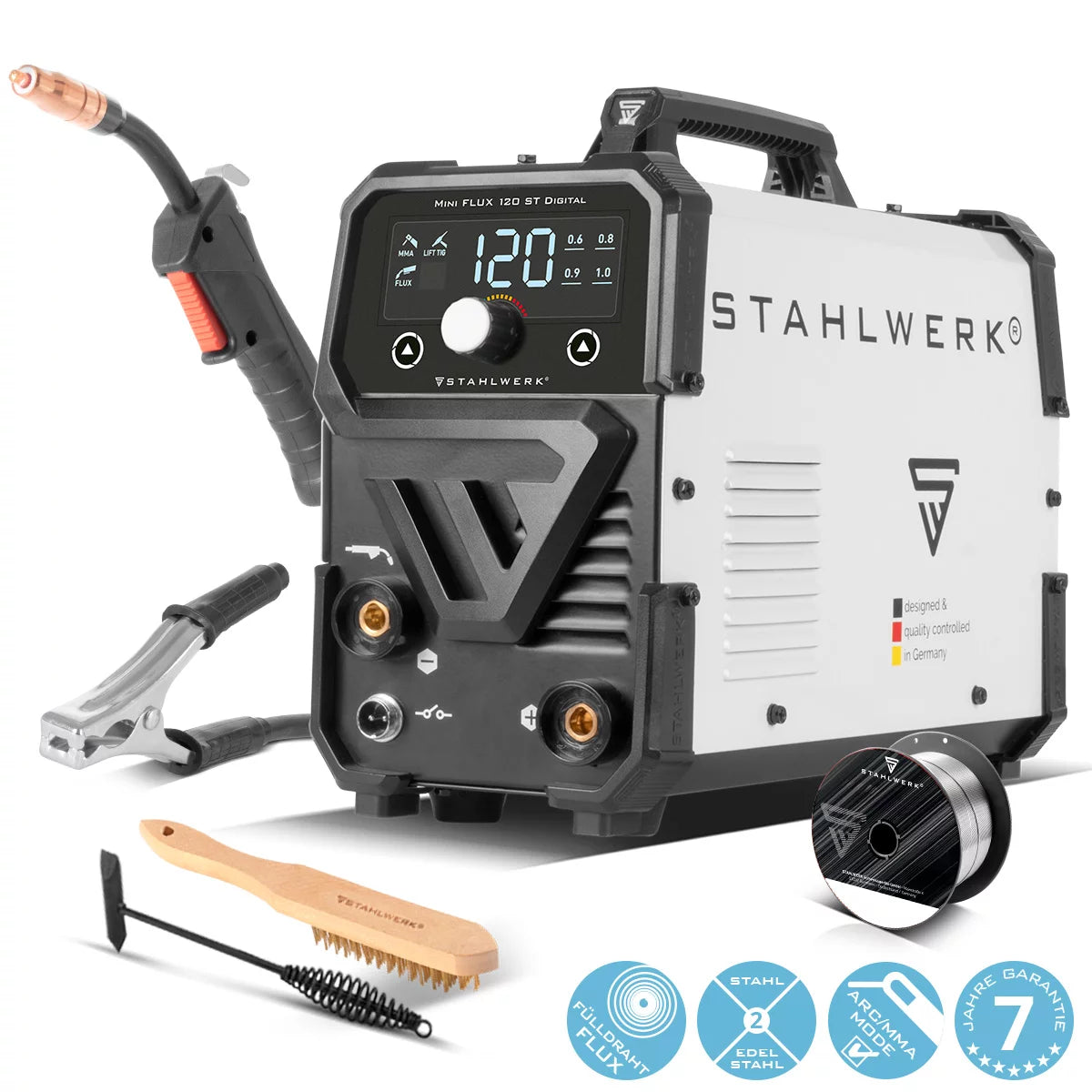 STAHLWERK welding machine Mini FLUX 120 ST Digital | 120 amps | Synergic wire feeder | Lift-TIG suitable | Cored wire welding | ARC/MMA function for easy welding without shielding gas with cored wire