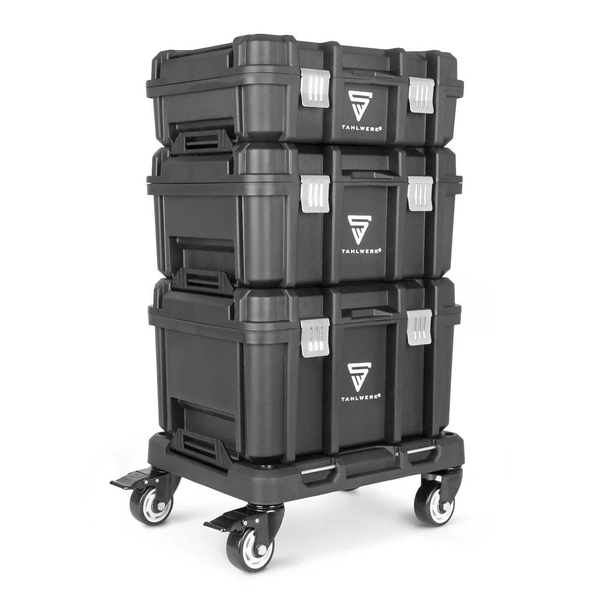 STAHLWERK Toolbox Set | 3 stackable tool boxes | Mobile tool trolley with roller board | Flexible module system with assortment boxes | Mobile tool boxes with small parts organizers