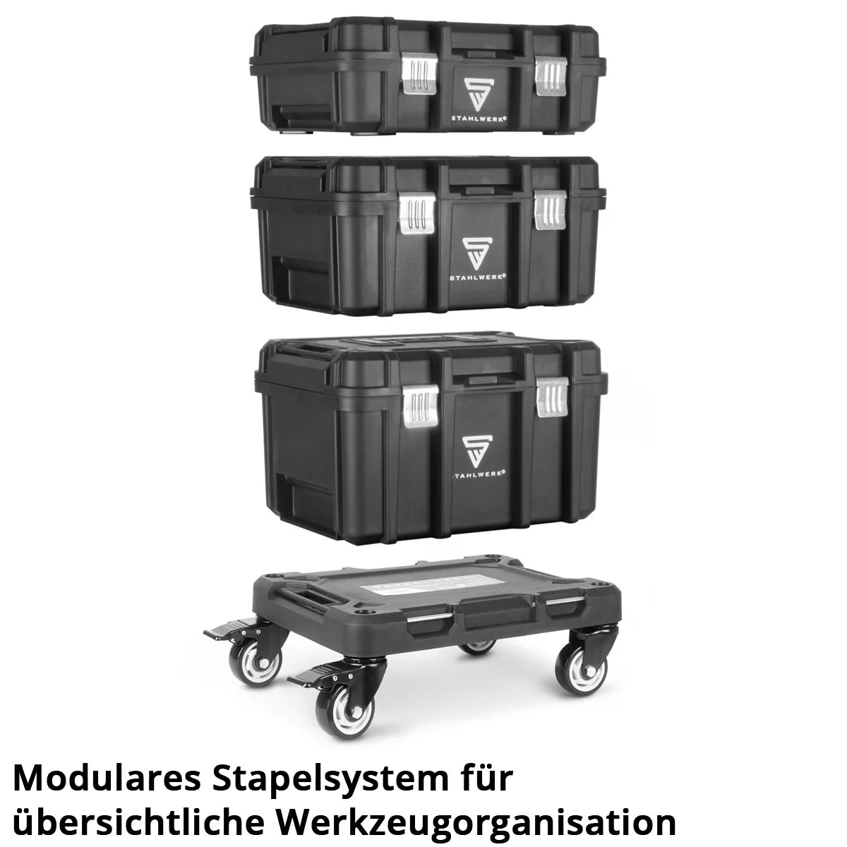 STAHLWERK Toolbox Set | 3 stackable tool boxes | Mobile tool trolley with roller board | Flexible module system with assortment boxes | Mobile tool boxes with small parts organizers