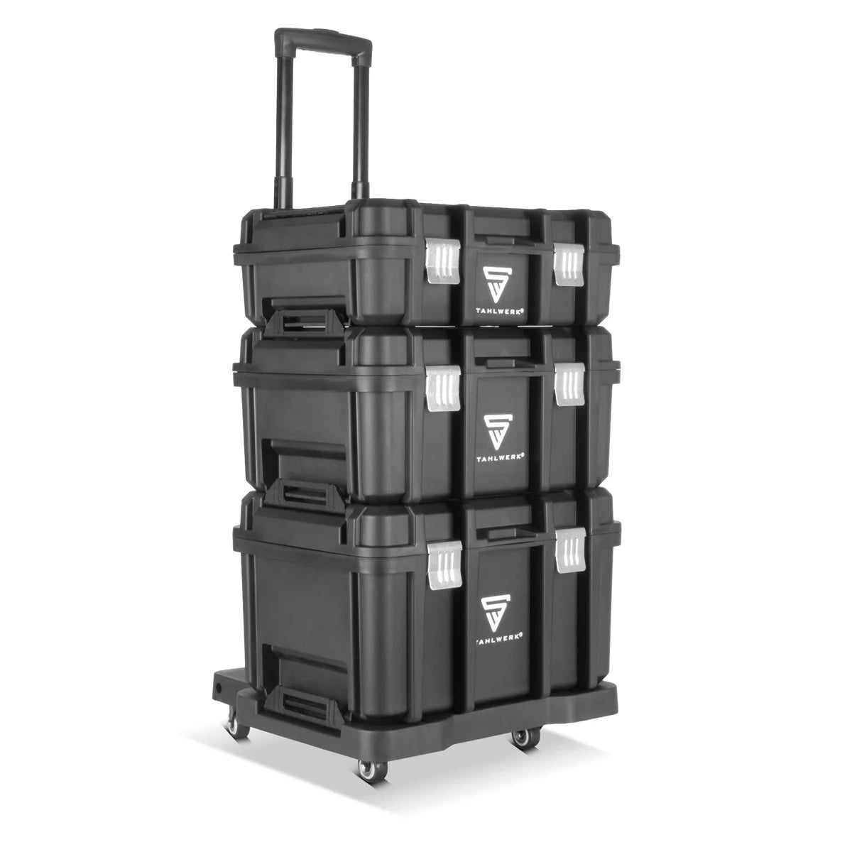 STAHLWERK Toolbox Set | Mobile tool trolley and organizer with telescopic handle | Flexible module system with assortment boxes | 3 stackable tool boxes | Tool boxes with small parts organizer
