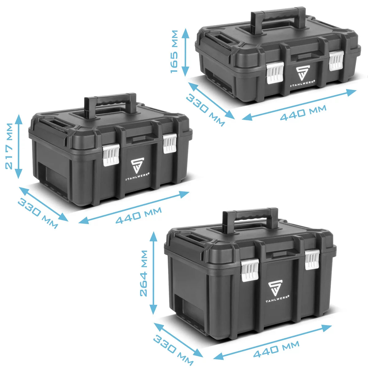 STAHLWERK Toolbox Set | Mobile tool trolley and organizer with telescopic handle | Flexible module system with assortment boxes | 3 stackable tool boxes | Tool boxes with small parts organizer