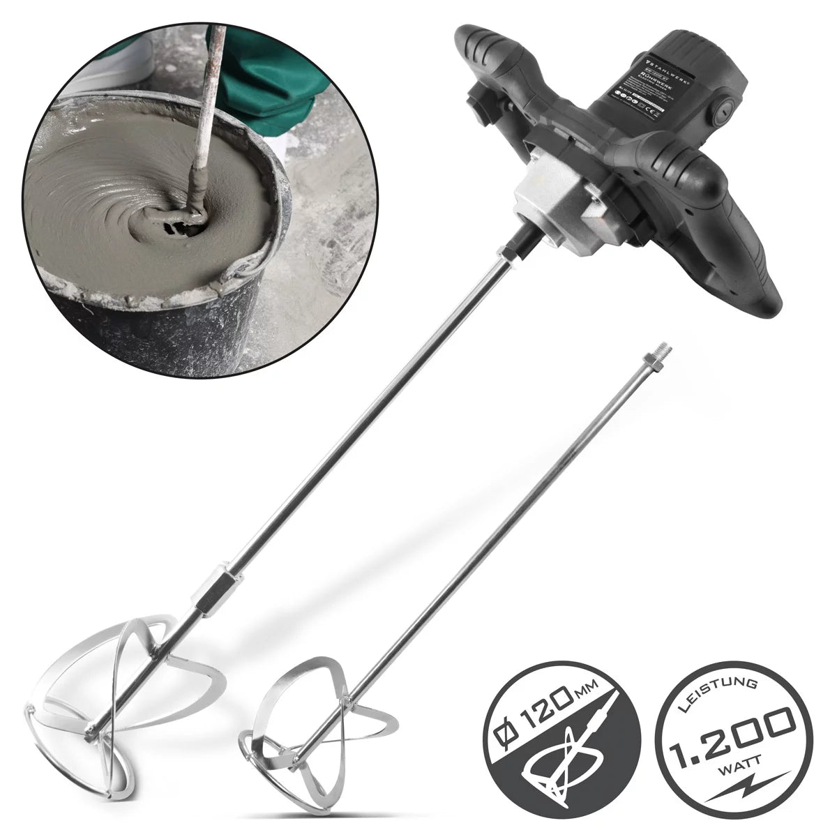 STAHLWERK agitator RW-1200 ST | 1,200 W and 850 rpm | Electric mortar stirrer with additional whisk 120 x 600 mm | Speed control and safety switch | Concrete mixer | Paint stirrer | color mixer