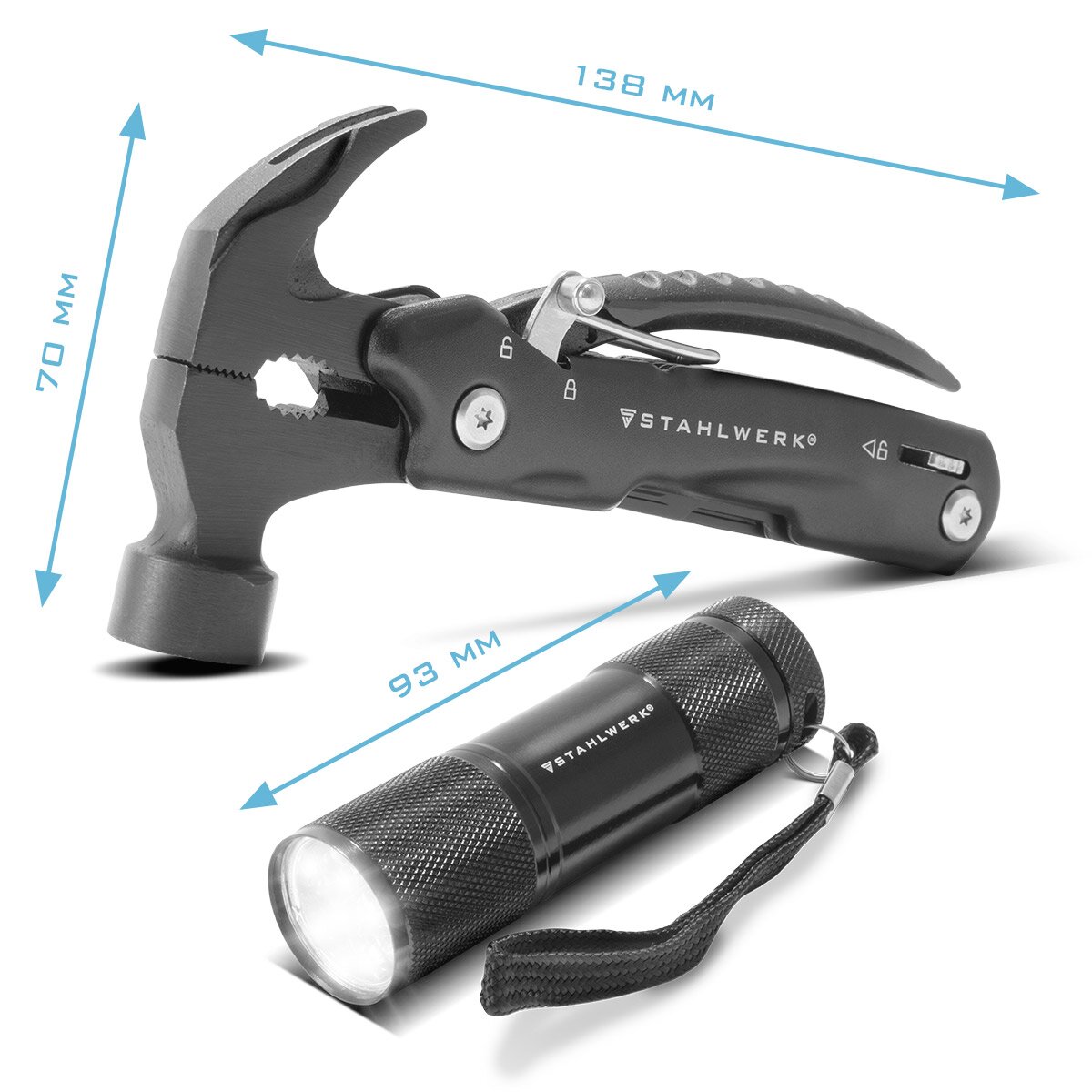STAHLWERK Multitool mit 12 Werkzeugen, hochwertiges Taschenmesser / Klappmesser / Multifunktionswerkzeug mit Hammer, Messer, Säge, Feile, Kombizange, Schraubendreher etc. inklusive LED Taschenlampe