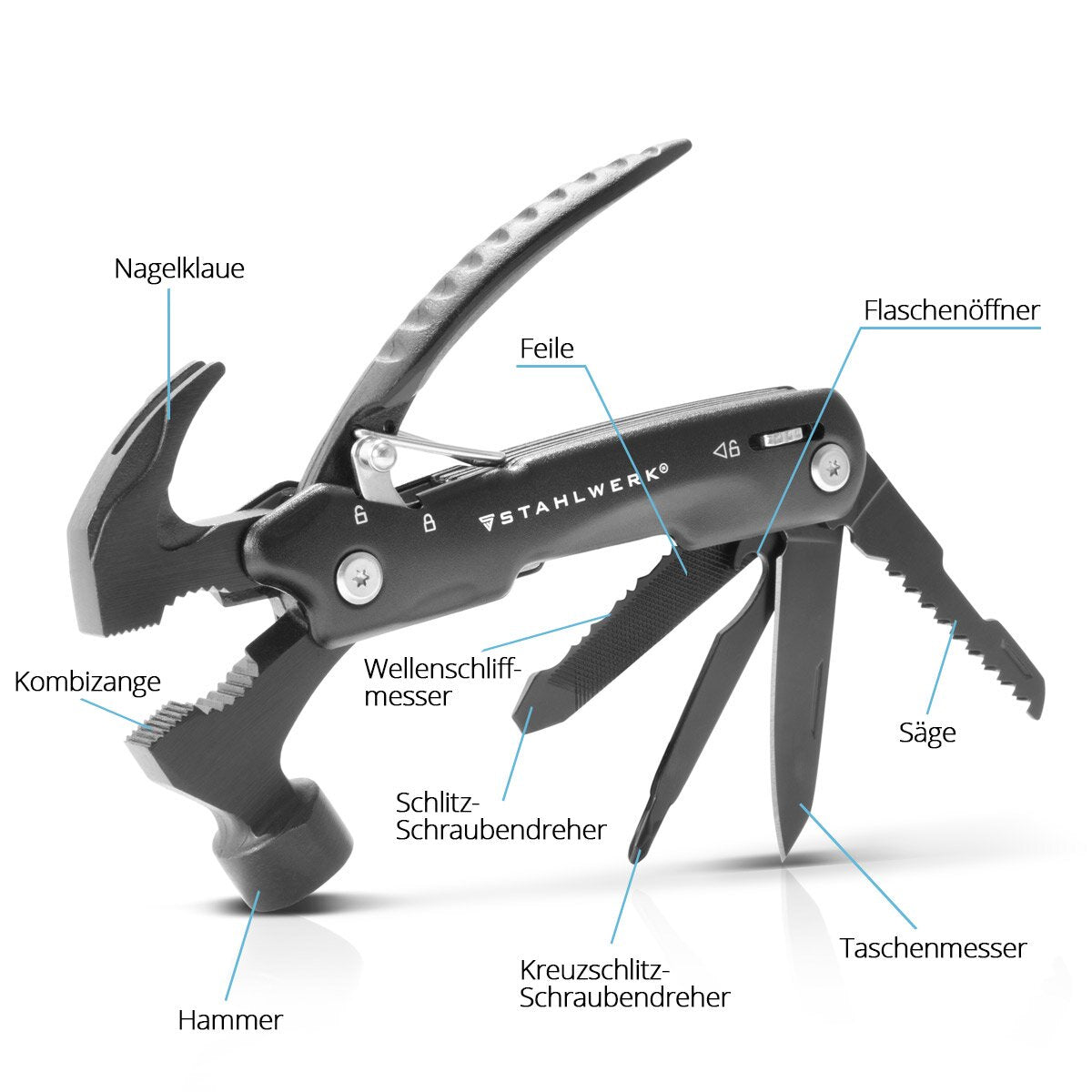 STAHLWERK Multitool mit 12 Werkzeugen, hochwertiges Taschenmesser / Klappmesser / Multifunktionswerkzeug mit Hammer, Messer, Säge, Feile, Kombizange, Schraubendreher etc. inklusive LED Taschenlampe
