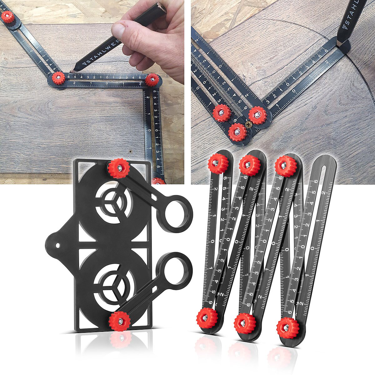 STAHLWERK Règle de mesure multi-angle 6 en 1 pour la création précise de pochoirs, angleiseur de haute qualité | Modèle d'angle | jauge de contour | Outil de modèle | Outil de mesure en aluminium
