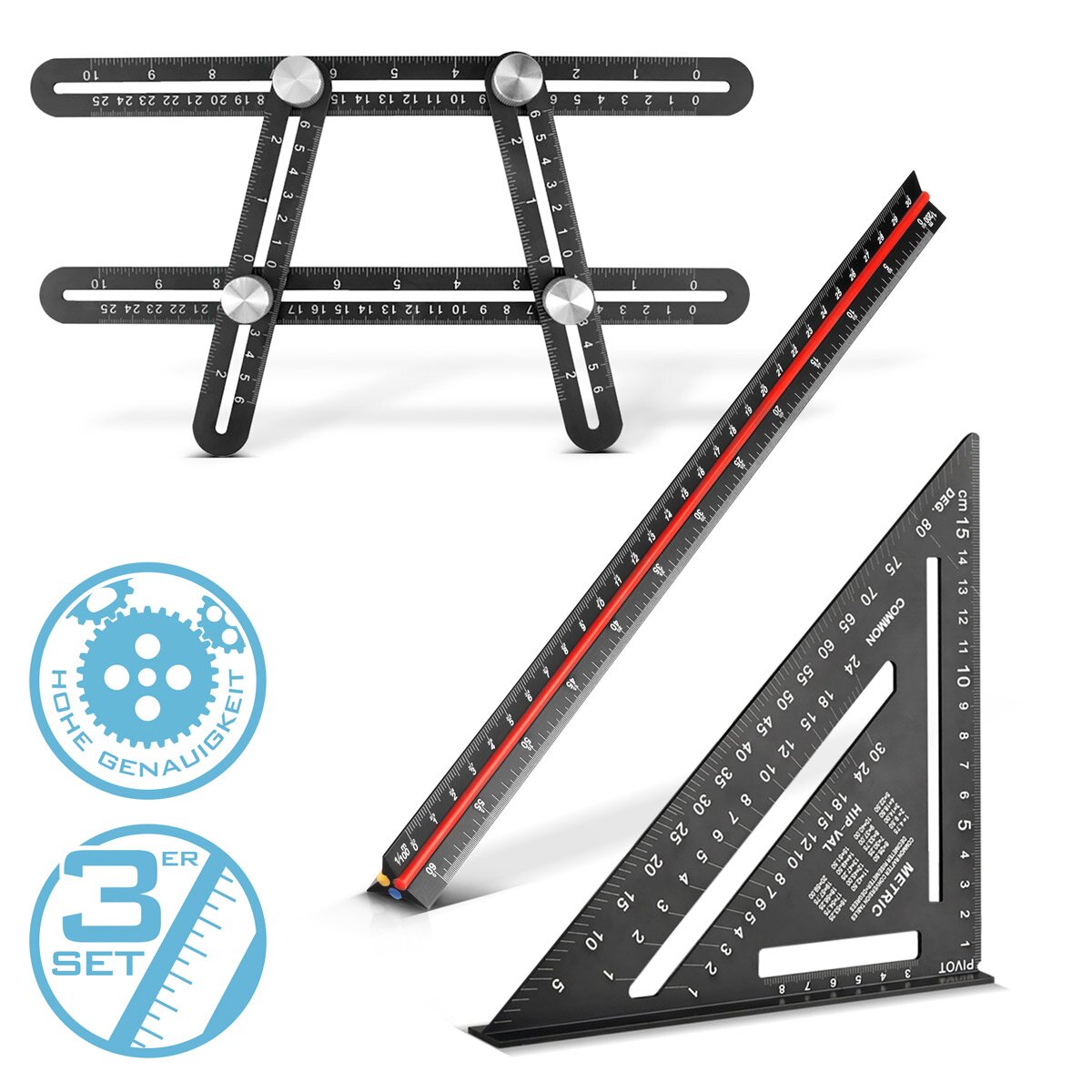 STAHLWERK Lineal Set mit Multiwinkel-Messlineal, Dreikant-Lineal und Winkeldreieck mit Anschlag zum präzisen Messen, Anreißen, Markieren und Zeichnen