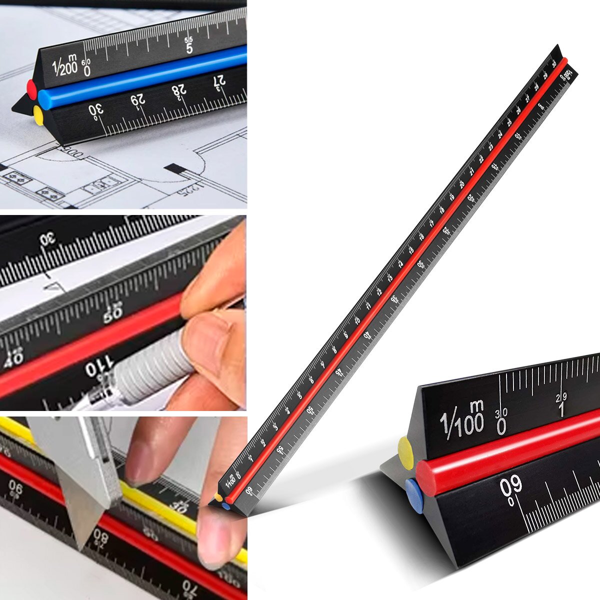 STAHLWERK ruler set with multi-angle measuring ruler, triangular ruler and angle triangle with stop for precise measuring, marking, marking and drawing
