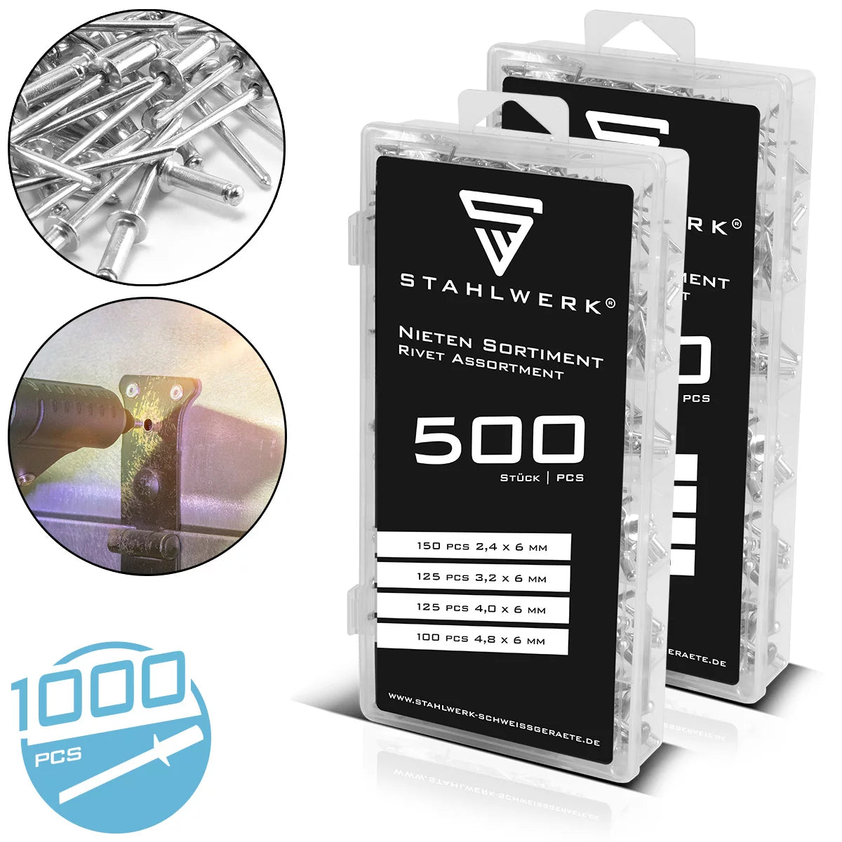 Assortiment de rivets STAHLWERK 1000 pièces | Jeu de rivets aveugles dans une boîte en plastique pratique Rivets en aluminium en 4 tailles différentes | Rivets pop à utiliser avec une pince à rivets