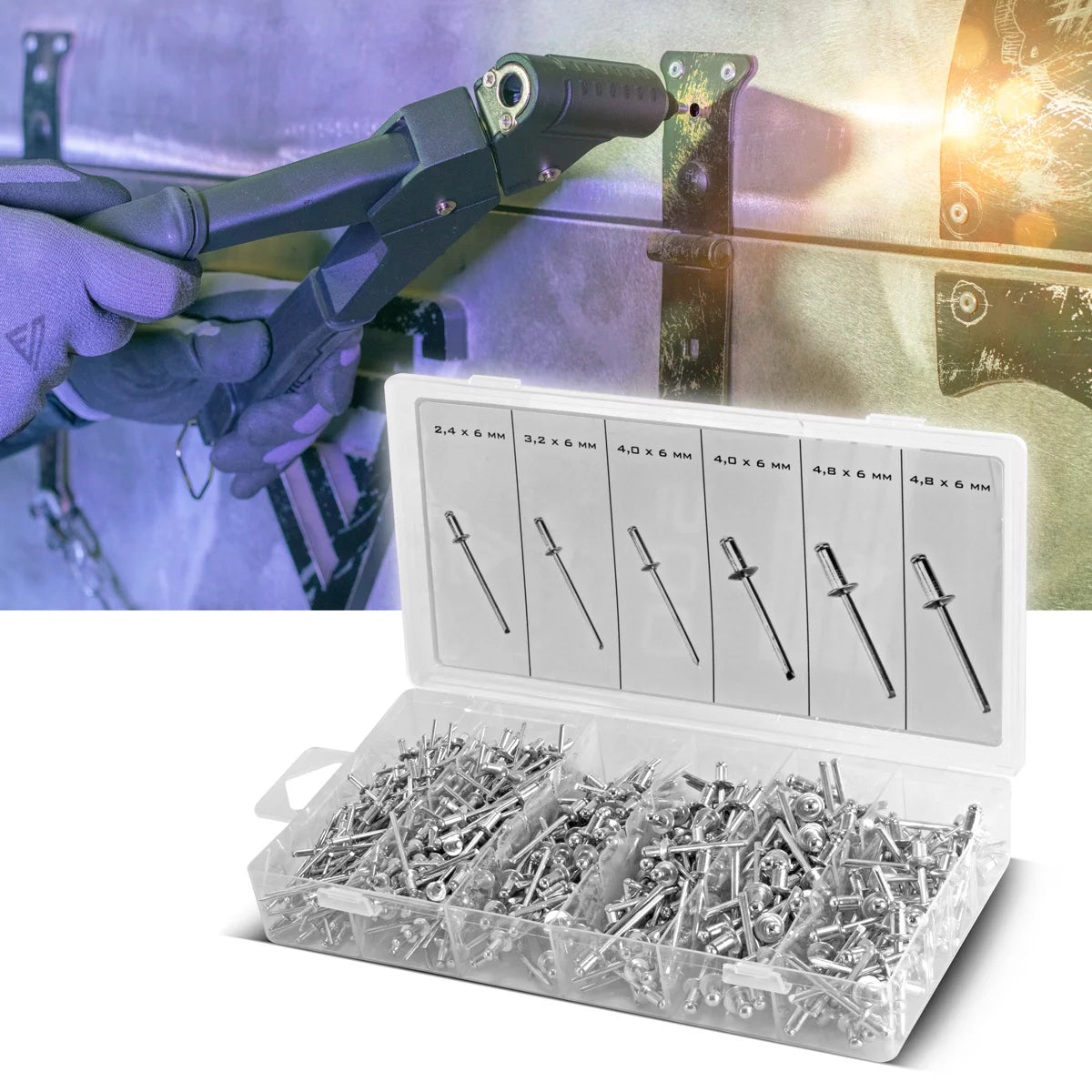 Assortiment de rivets STAHLWERK 1000 pièces | Jeu de rivets aveugles dans une boîte en plastique pratique Rivets en aluminium en 4 tailles différentes | Rivets pop à utiliser avec une pince à rivets