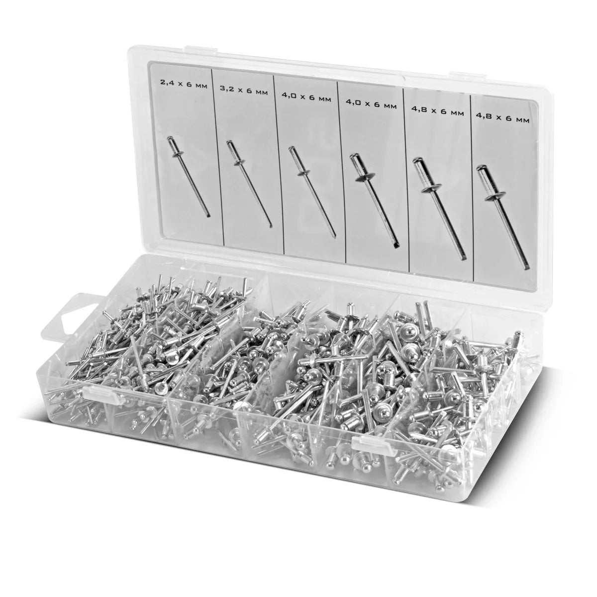 Assortiment de rivets STAHLWERK 1000 pièces | Jeu de rivets aveugles dans une boîte en plastique pratique Rivets en aluminium en 4 tailles différentes | Rivets pop à utiliser avec une pince à rivets