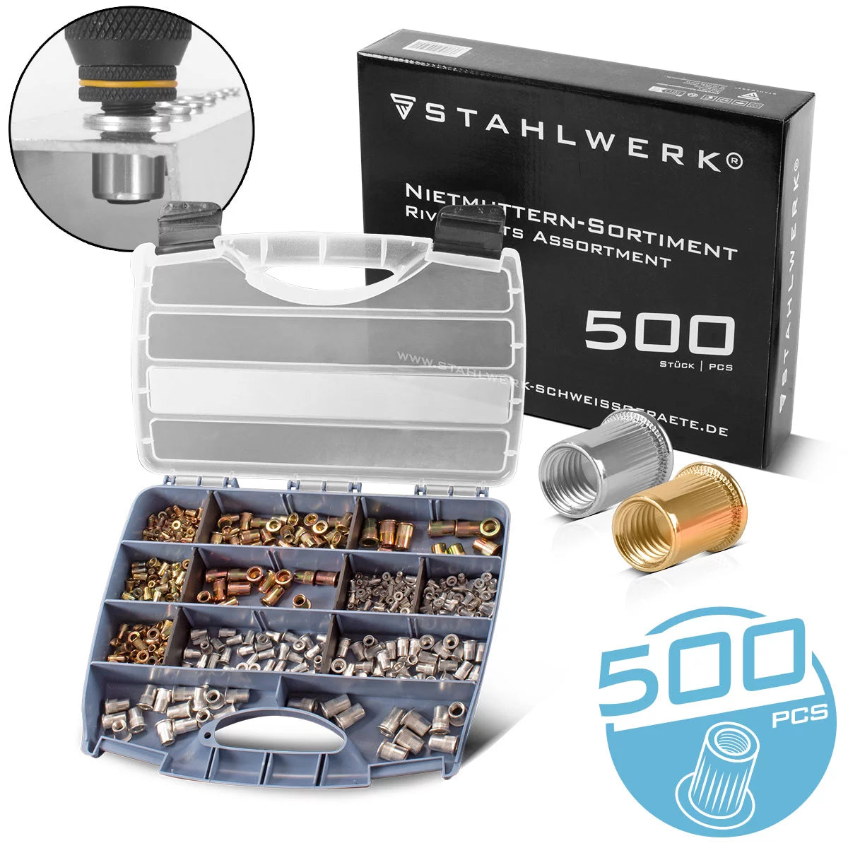 STAHLWERK Nietmuttern-Set für Nietmutternzangen 500-teilig | Hochwertige Gewindenieten aus Aluminium und Stahl im praktischen Koffer |Wechsel-Gewindedorn M3 | M4 | M5 | M6 | M8 | M10