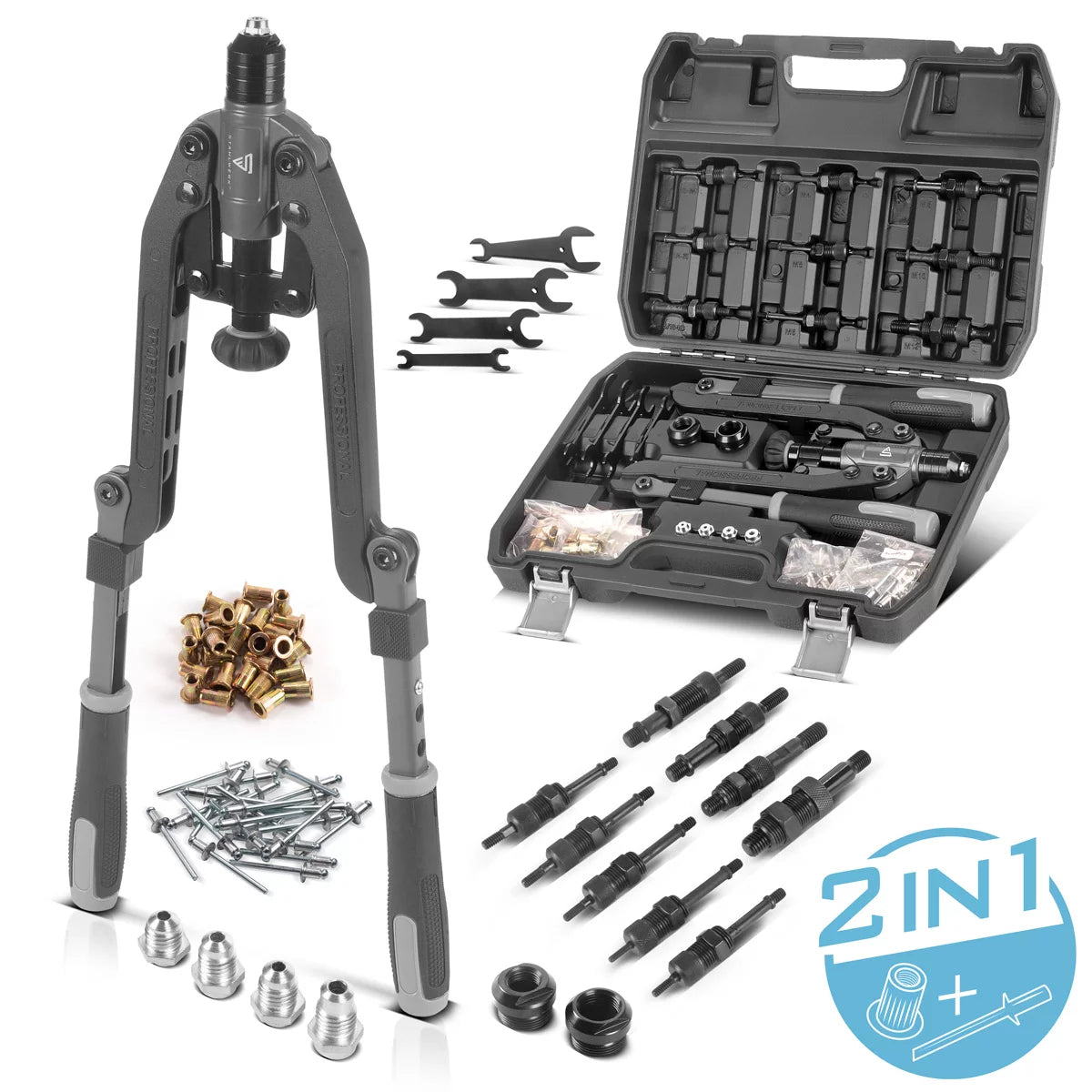 STAHLWERK Nietmuttern- und Blindnietenzangen Set 85-teilig | vielseitige 2-in-1-Nietzange zum Setzen von Blindnieten und Nietmuttern | Multifunktionszange im praktischen Koffer | hochwertiges Nietwerkzeug inkl. Nieten und Gewindedornen