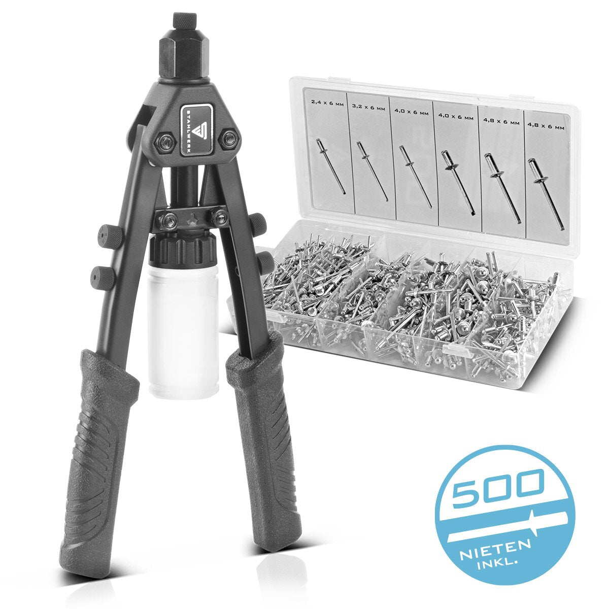 Jeu de pinces à rivets STAHLWERK HNZ-280 ST Pince à rivets aveugles | Pince à rivets à levier | Pince à rivets pop | Pince à écrous à rivets | Pistolet à rivets | Outil de rivetage | avec 5 attaches interchangeables et 500 rivets aveugles