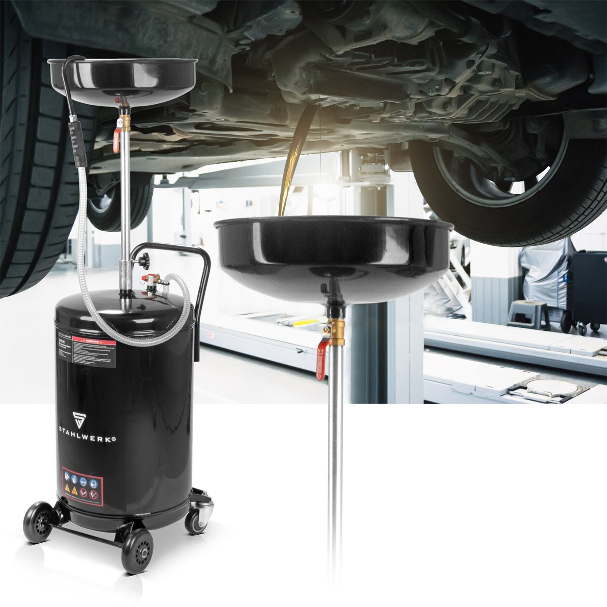 Separatore di olio di acciaio olio OD-80 ST con capacità di 80 l, olio di raccolta di contenitori / carrello Ölauf-fan / olio di olio / dispositivo di drenaggio dell'olio con imbuto regolabile in altezza per raccogliere olio vecchio