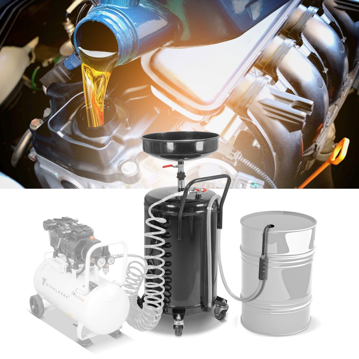 Separatore di olio di acciaio olio OD-80 ST con capacità di 80 l, olio di raccolta di contenitori / carrello Ölauf-fan / olio di olio / dispositivo di drenaggio dell'olio con imbuto regolabile in altezza per raccogliere olio vecchio