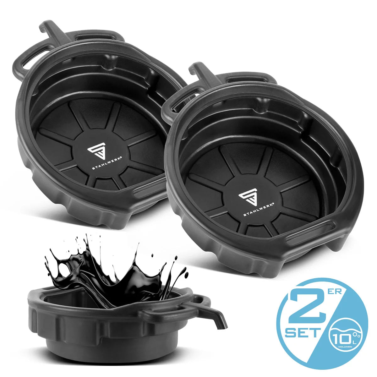 STAHLWERK oil collection tray set of 2 with filling nozzles 10 l flat, round collection tray | oil pan | Oil change canister | Plastic tub | Plastic oil collection container for vehicle oil changes