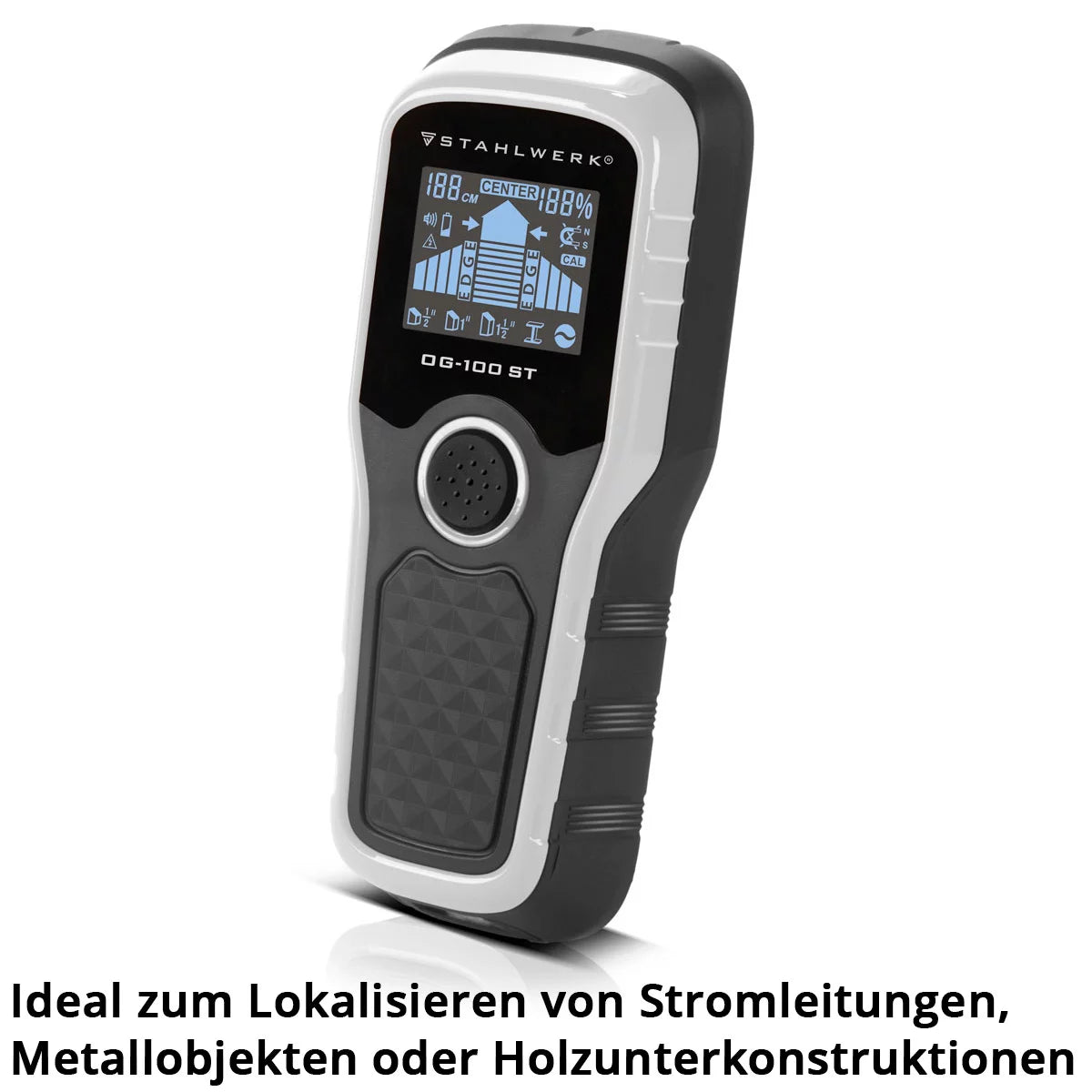STAHLWERK Ortungsgerät OG-100 ST Wandscanner, Metalldetektor, Leitungssucher, Bolzendetektor, Kabelsuchgerät, Wanddetektor zum Orten von Stromleitungen, Metallobjekten oder Balken in Wand und Decke