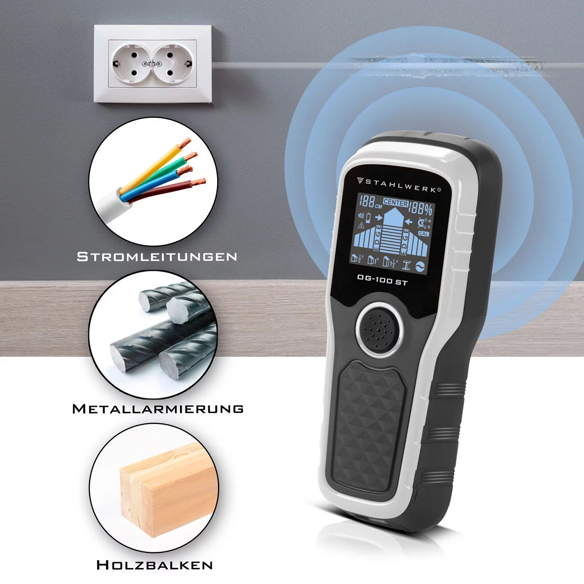 STAHLWERK locating device OG-100 ST wall scanner, metal detector, line finder, bolt detector, cable locator, wall detector for locating power lines, metal objects or beams in walls and ceilings