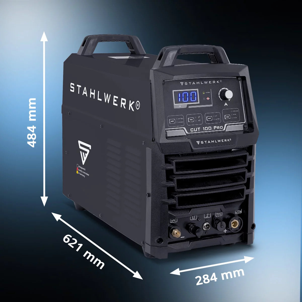 STAHLWERK Plasmaschneider CUT 100 Pro Vollausstattung | 100 A Inverter-Plasmaschneider | HF-Pilotzündung | Digitalanzeige | THC-Schnittstelle für CNC | Schneidleistung bis 44 mm | Plasma Cutter mit 2T/4T-Funktion