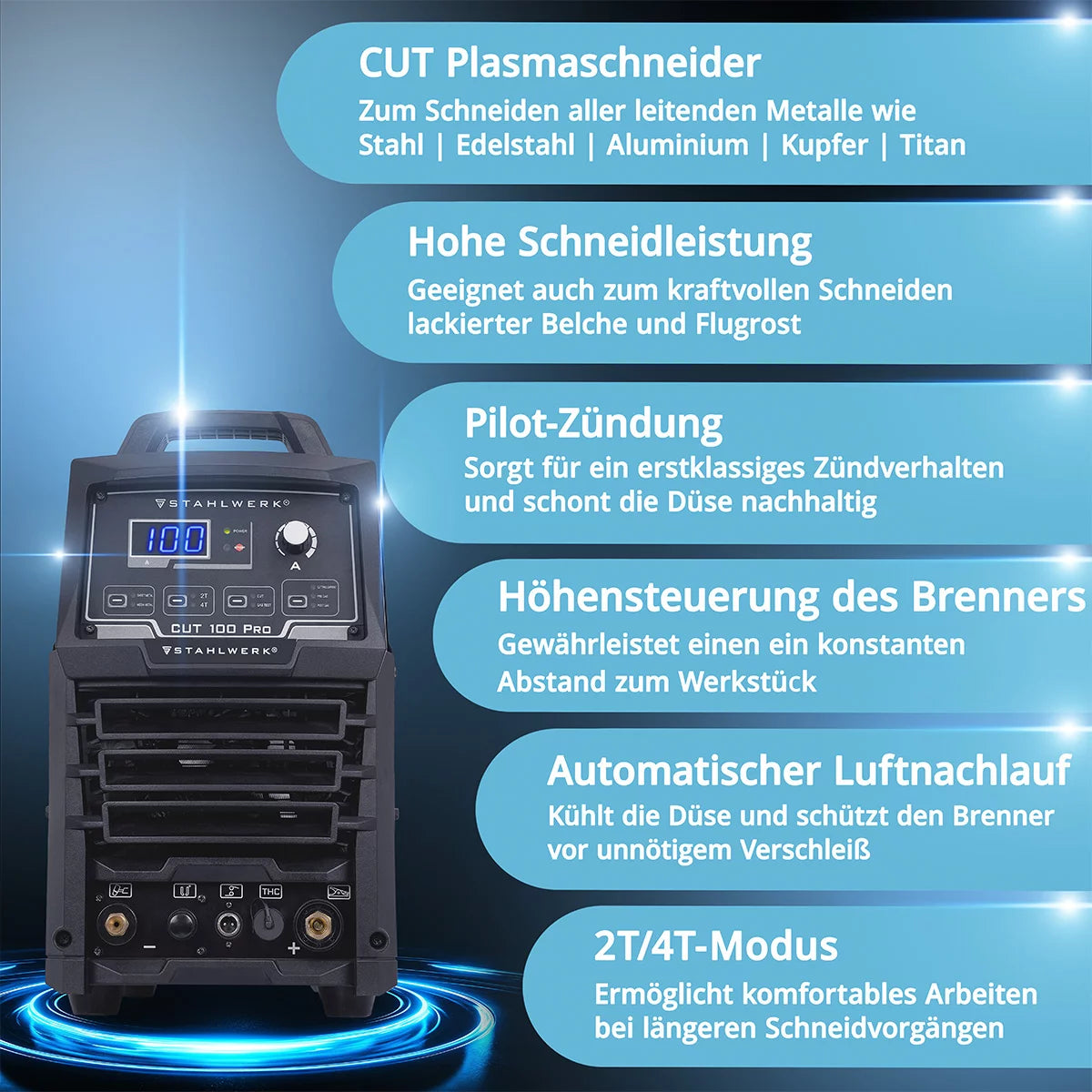 STAHLWERK Plasmaschneider CUT 100 Pro Vollausstattung | 100 A Inverter-Plasmaschneider | HF-Pilotzündung | Digitalanzeige | THC-Schnittstelle für CNC | Schneidleistung bis 44 mm | Plasma Cutter mit 2T/4T-Funktion