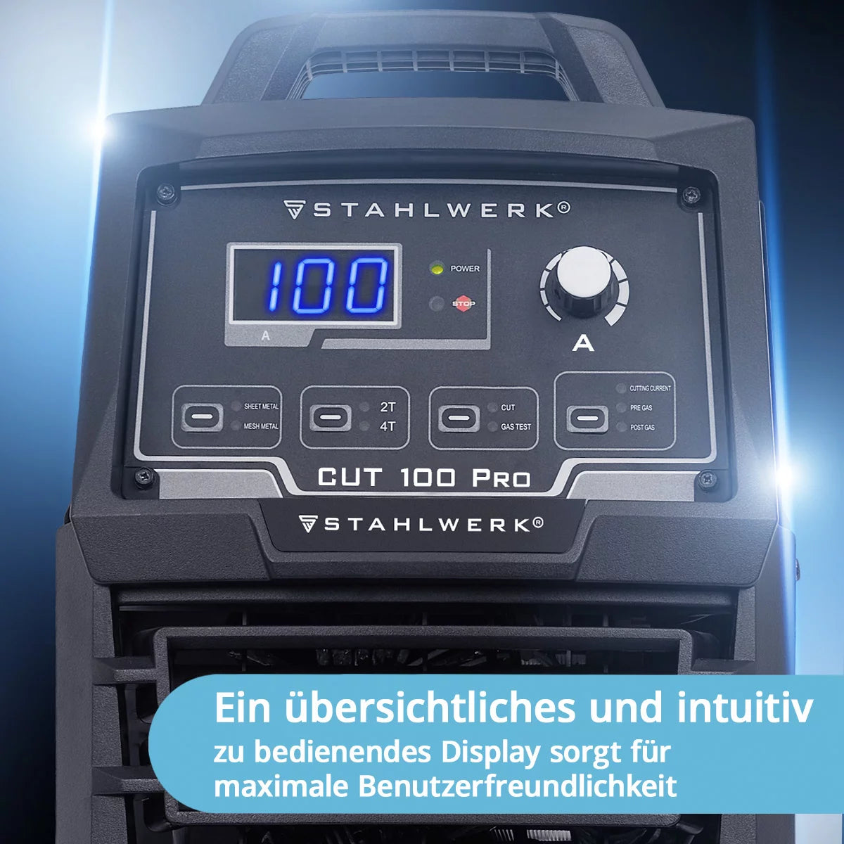 STAHLWERK Plasmaschneider CUT 100 Pro Vollausstattung | 100 A Inverter-Plasmaschneider | HF-Pilotzündung | Digitalanzeige | THC-Schnittstelle für CNC | Schneidleistung bis 44 mm | Plasma Cutter mit 2T/4T-Funktion