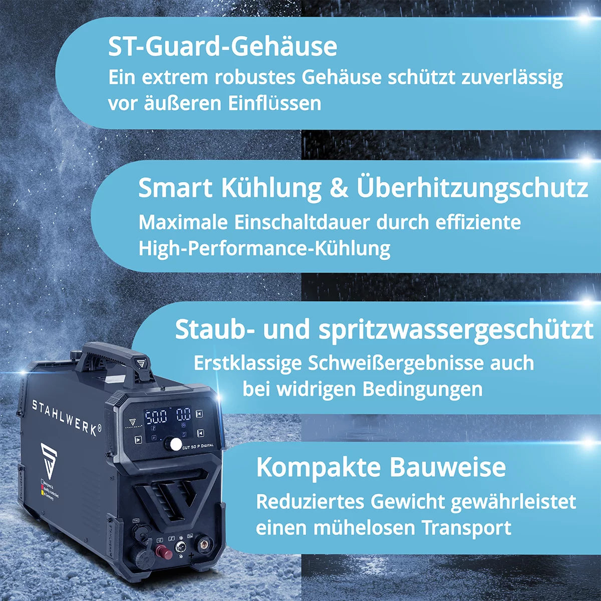 STAHLWERK plasma cutter CUT 50 P Digital | 50A Inverter Plasma Cutter | Blowback ignition | Digital display | THC interface for CNC | Cutting performance up to 20 mm | Plasma cutter with 2T/4T function