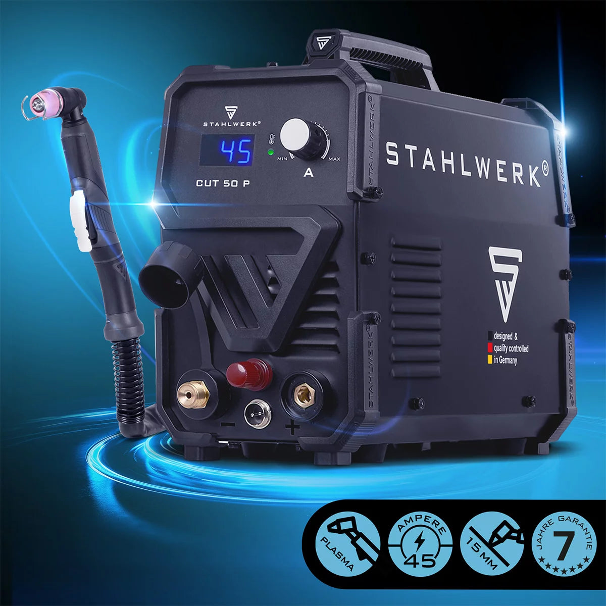 STAHLWERK Plasmaschneider CUT 50 P | 45 A Inverter-Plasmaschneider | HF-Pilotzündung | Digitalanzeige | Schneidleistung bis 15 mm | Smart-Kühlung