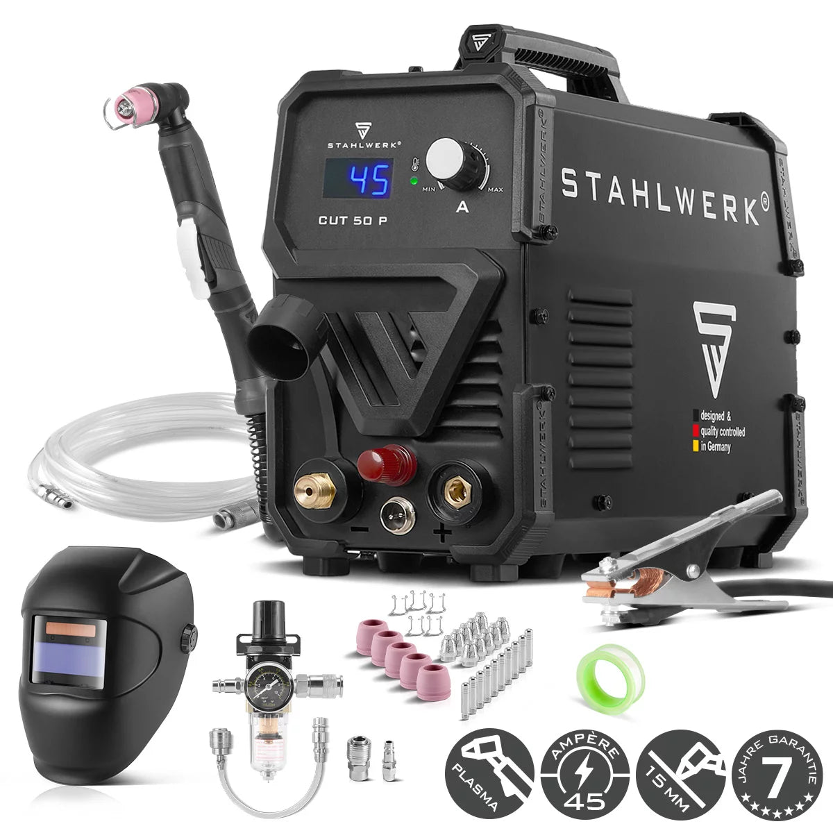 STAHLWERK Plasmaschneider CUT 50 P Vollausstattung | 45 A Inverter-Plasmaschneider | HF-Pilotzündung | Digitalanzeige | Schneidleistung bis 15 mm | Smart-Kühlung